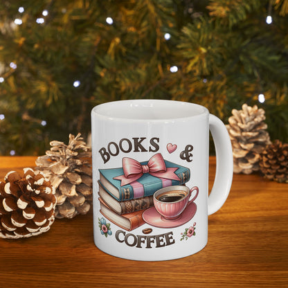 Book Lover Coffee Mug – Retro Stack of Books & Cup Design (11oz, 15oz)