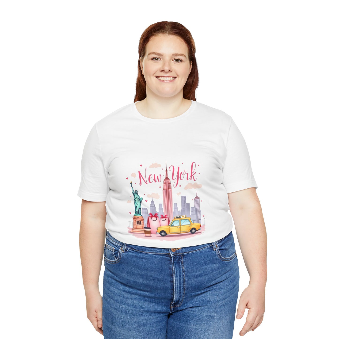 New York City Skyline T-Shirt – Cute Pink Taxi & Statue of Liberty Graphic Tee
