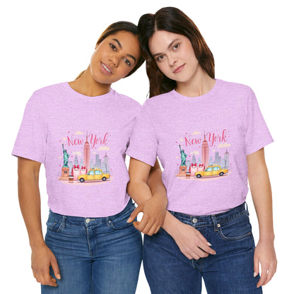 New York City Skyline T-Shirt – Cute Pink Taxi & Statue of Liberty Graphic Tee