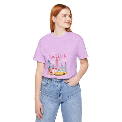 New York City Skyline T-Shirt – Cute Pink Taxi & Statue of Liberty Graphic Tee