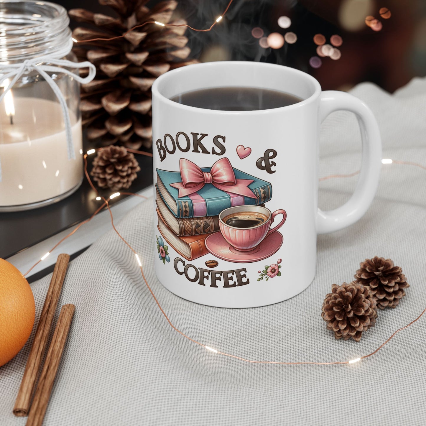Book Lover Coffee Mug – Retro Stack of Books & Cup Design (11oz, 15oz)