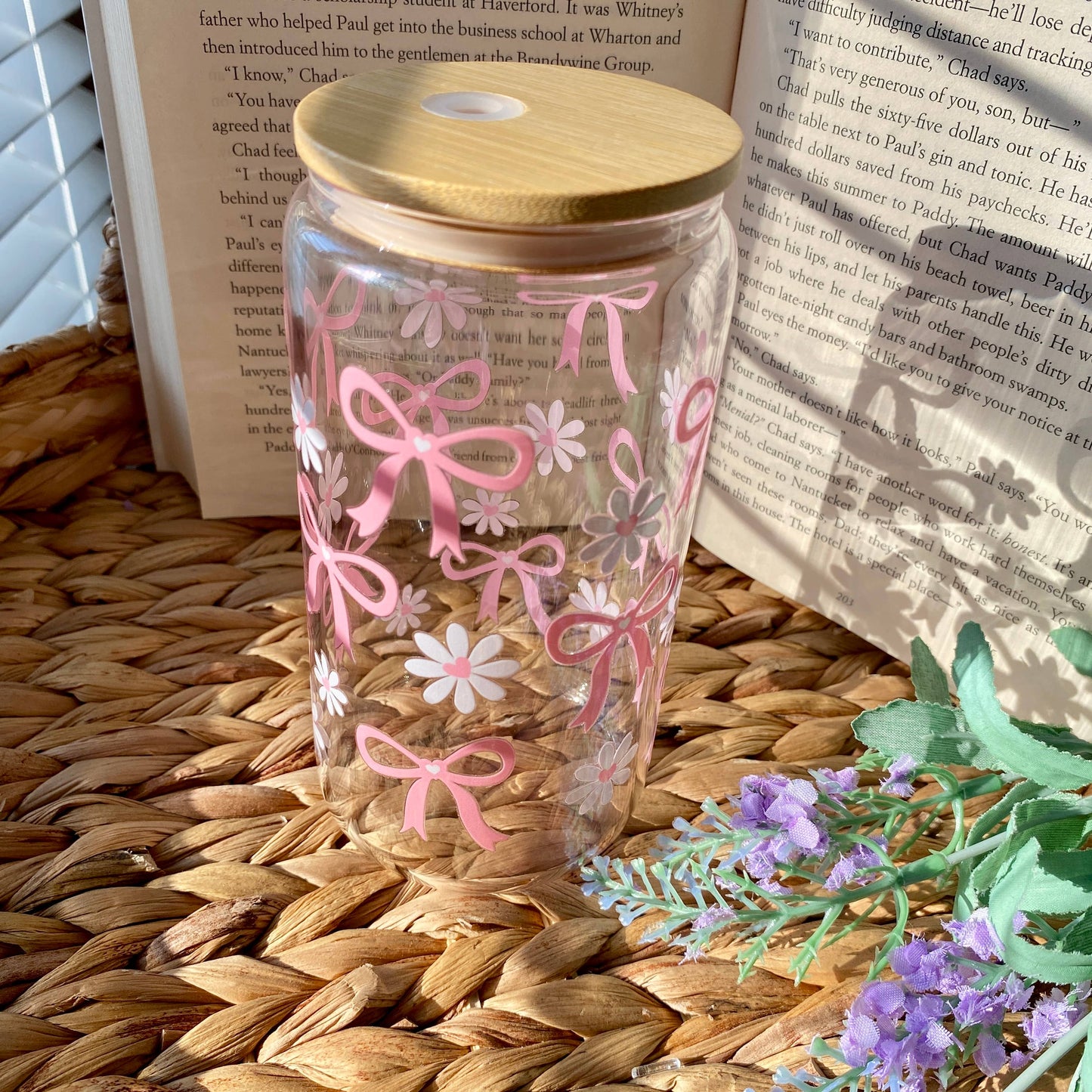 Simple Pink Bow Mug Iced Coffee Glass Cup with Lid and Straw