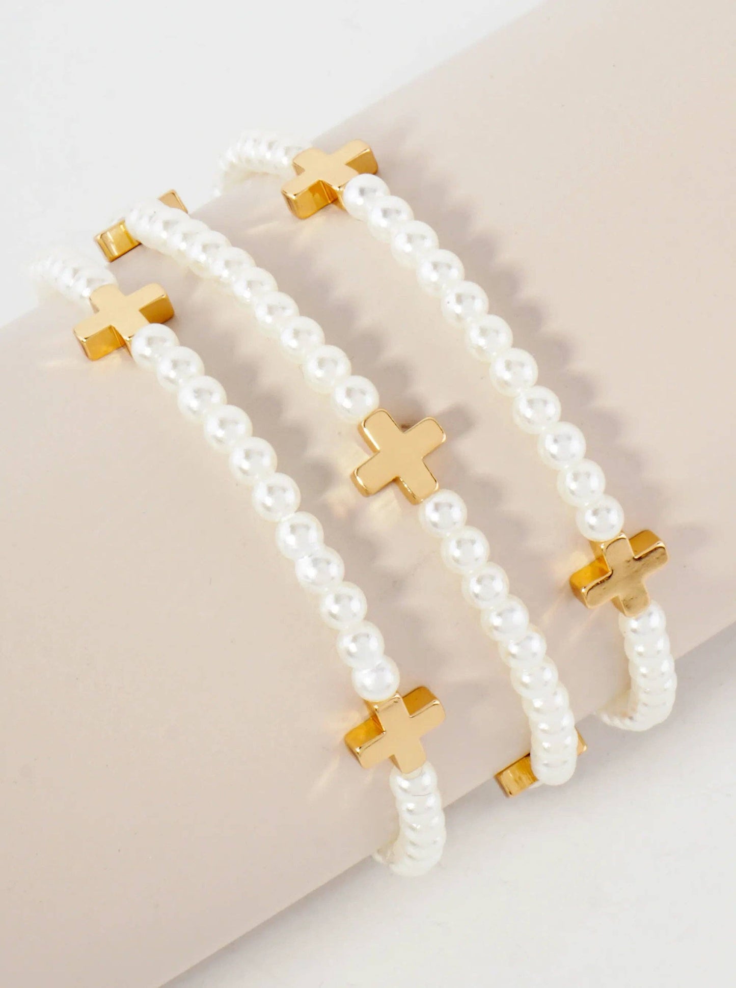 3PC-Set Metallic Beads Cross Stackable Stretch Bracelets: Gold Rhodium