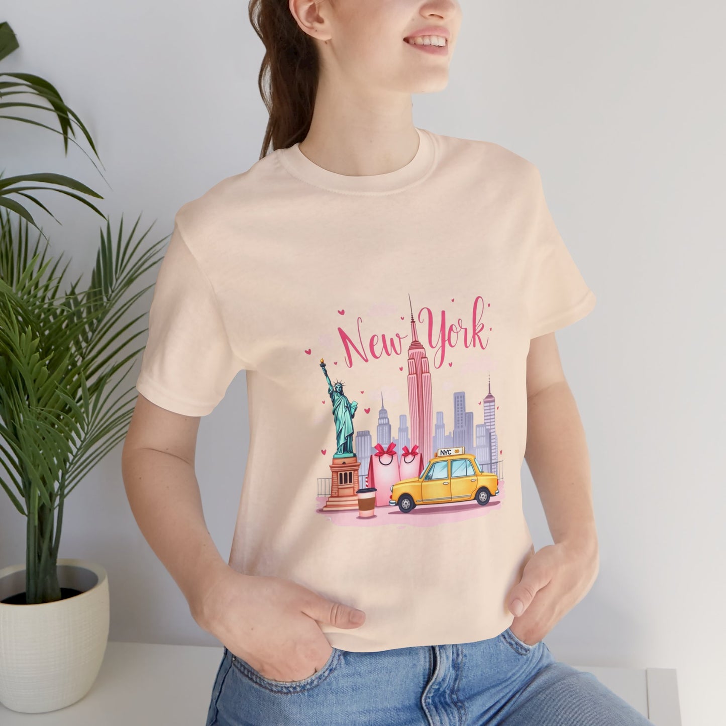 New York City Skyline T-Shirt – Cute Pink Taxi & Statue of Liberty Graphic Tee