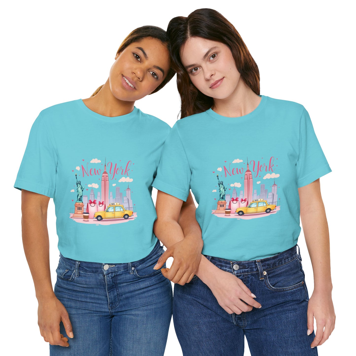 New York City Skyline T-Shirt – Cute Pink Taxi & Statue of Liberty Graphic Tee