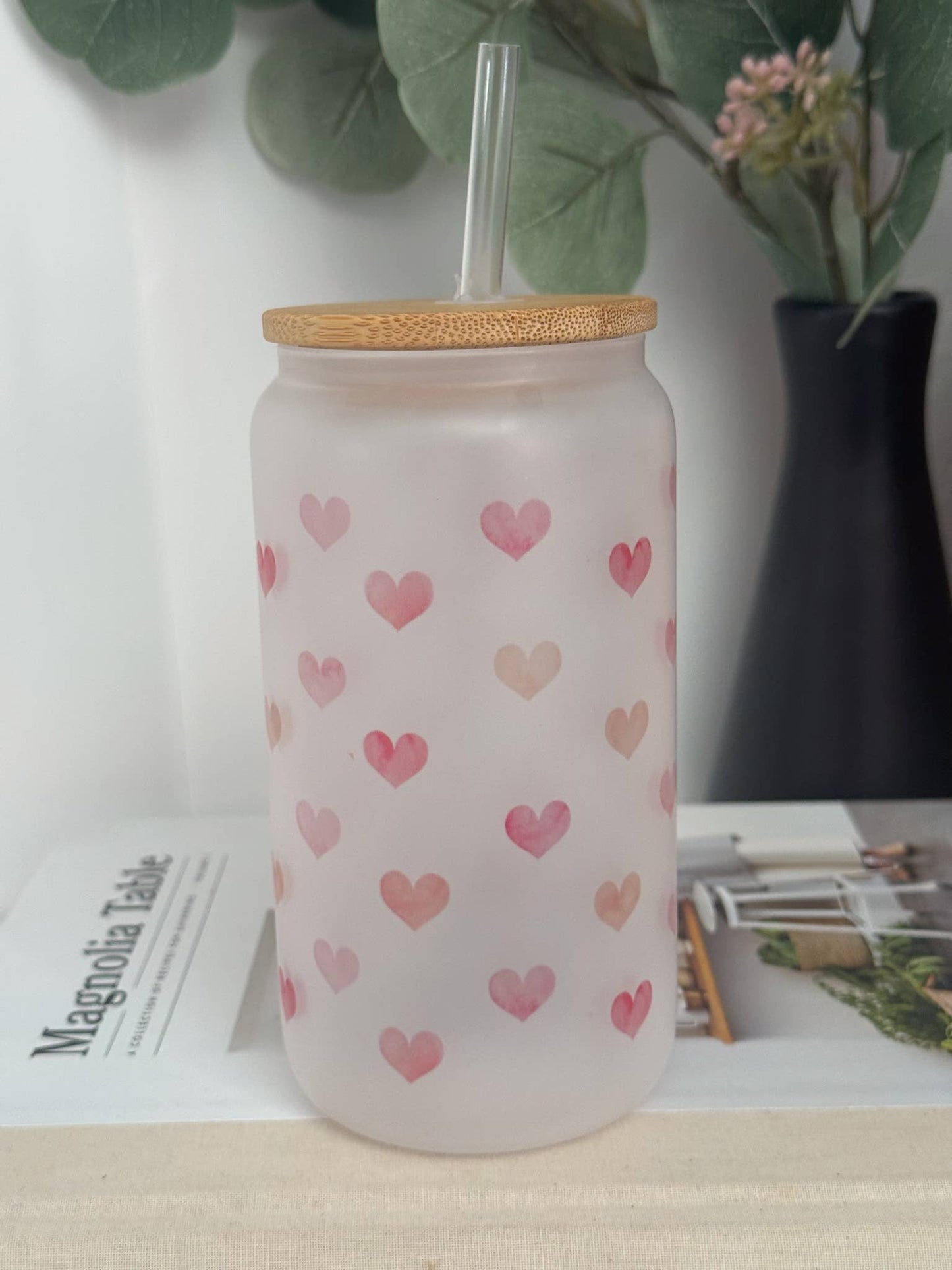 Pink Watercolor Hearts 16oz Glass Cup with Bamboo Lid: Clear