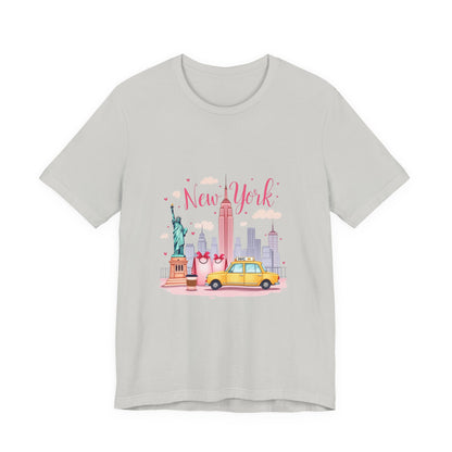 New York City Skyline T-Shirt – Cute Pink Taxi & Statue of Liberty Graphic Tee