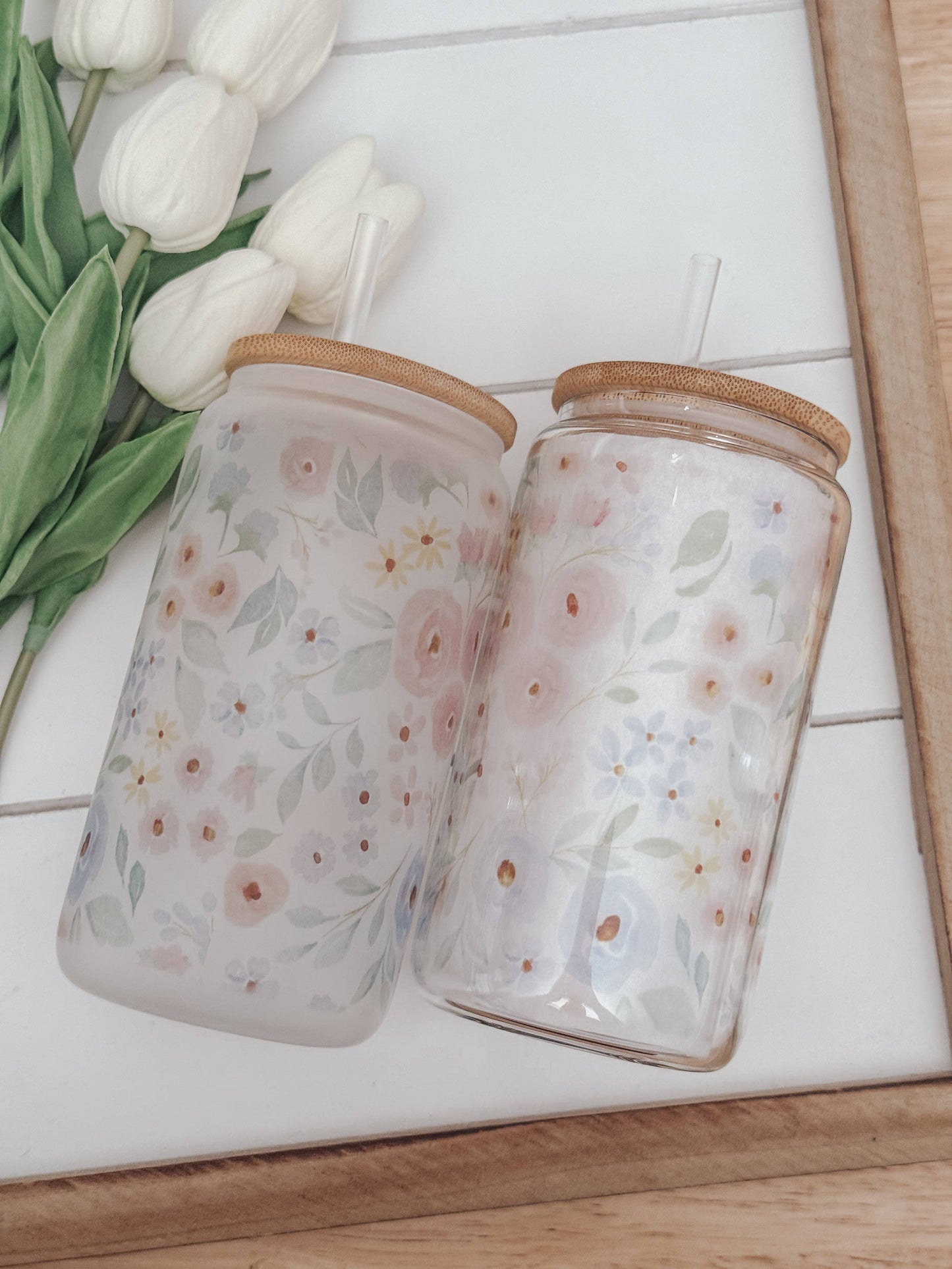 Spring Blooms 16oz Glass Cup with Bamboo Lid: Clear