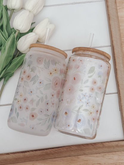 Spring Blooms 16oz Glass Cup with Bamboo Lid: Clear