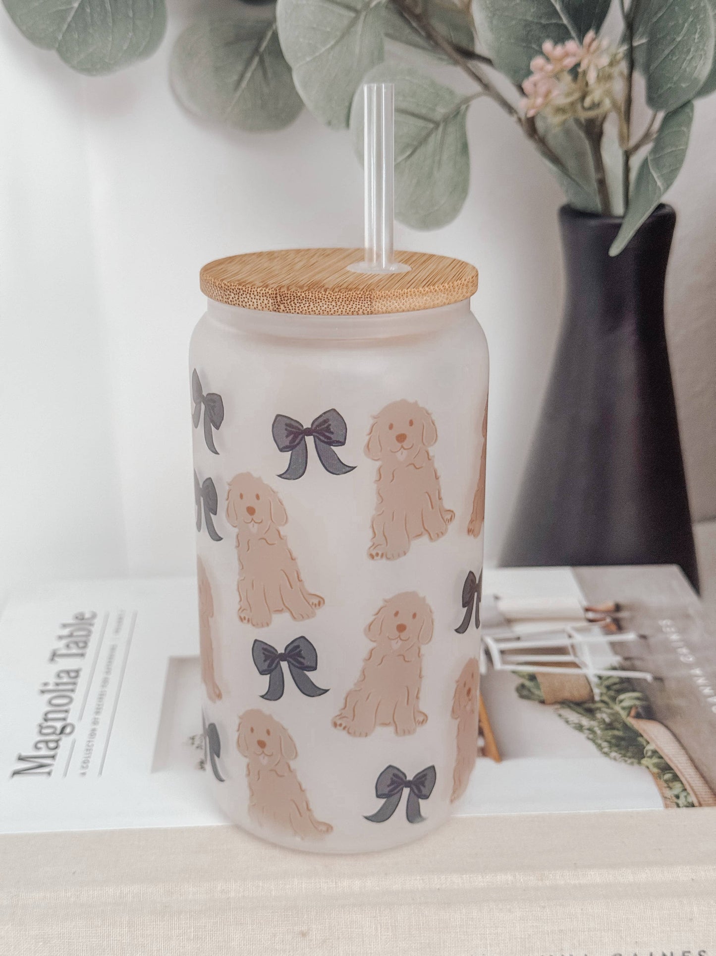 Dogs and Bows 16oz Glass Cup with Bamboo Lid: Frosted