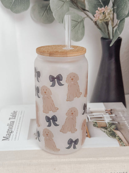 Dogs and Bows 16oz Glass Cup with Bamboo Lid: Frosted