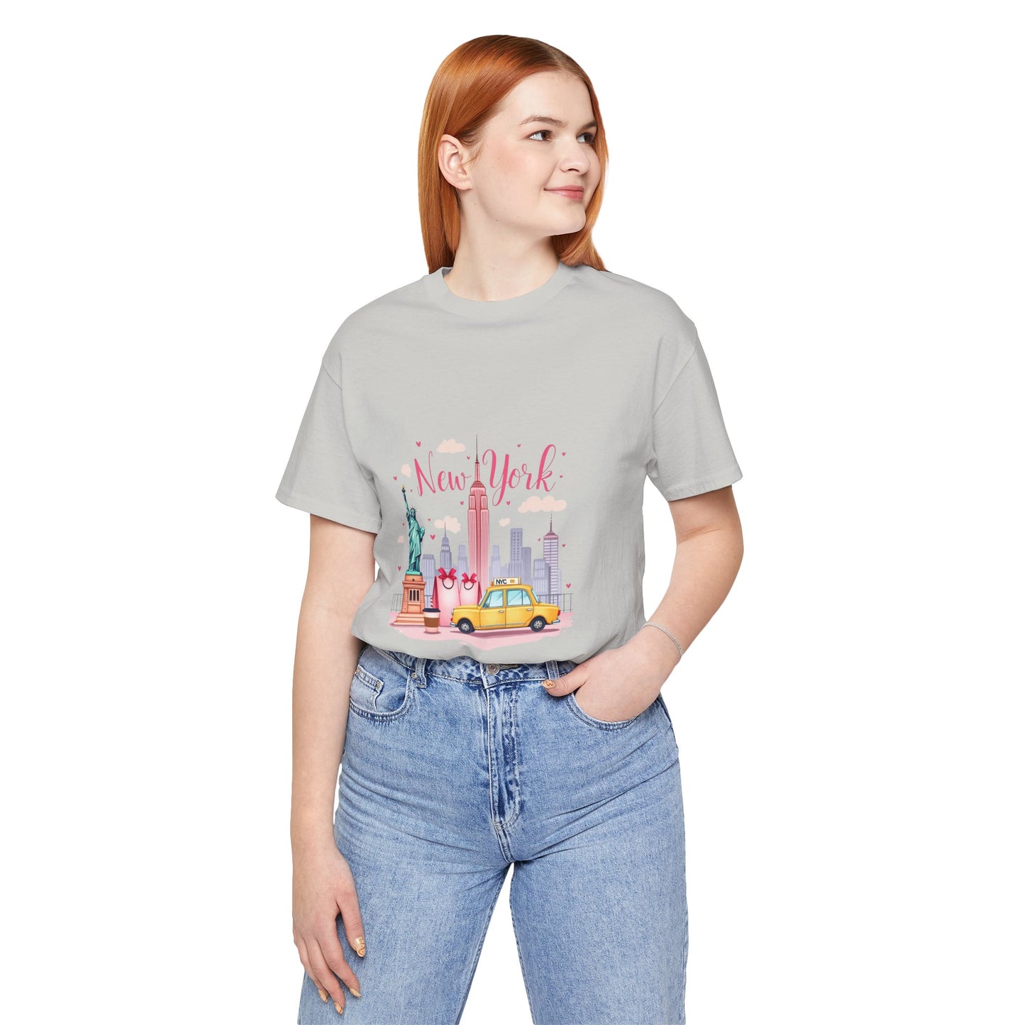 New York City Skyline T-Shirt – Cute Pink Taxi & Statue of Liberty Graphic Tee