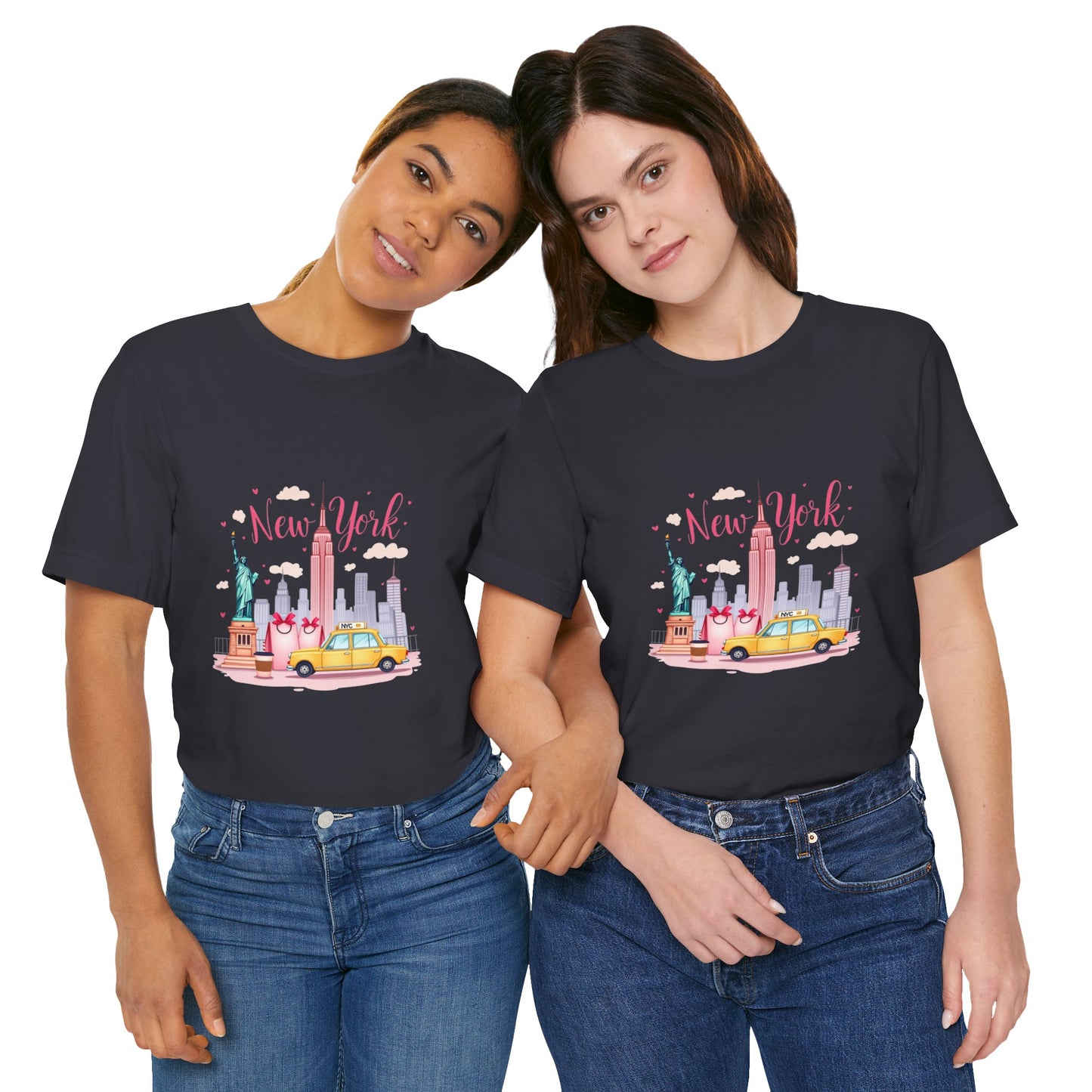 New York City Skyline T-Shirt – Cute Pink Taxi & Statue of Liberty Graphic Tee