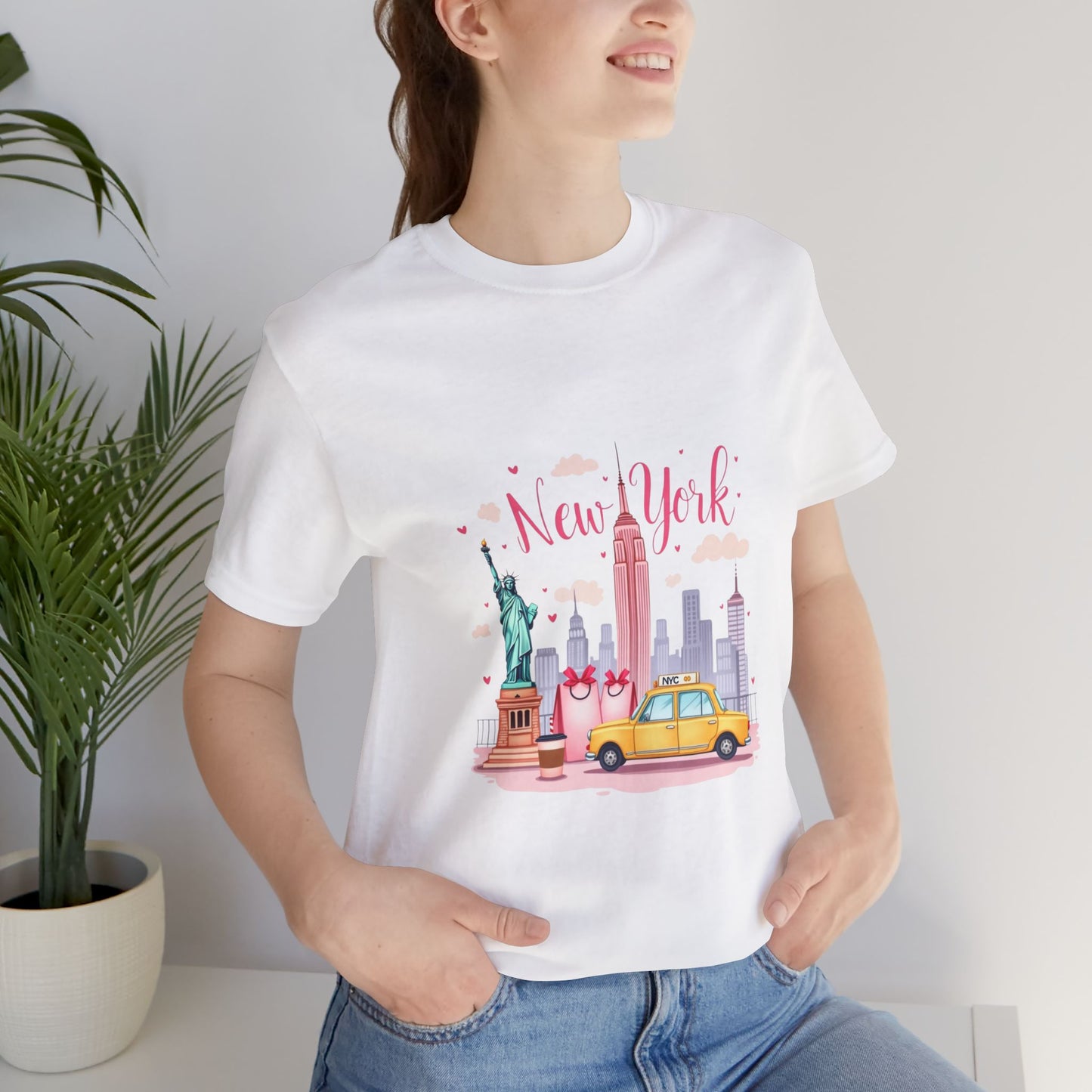 New York City Skyline T-Shirt – Cute Pink Taxi & Statue of Liberty Graphic Tee