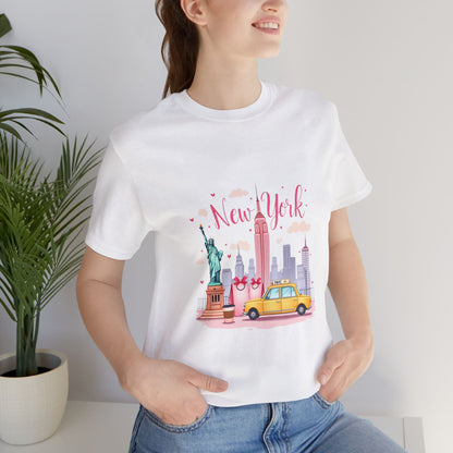 New York City Skyline T-Shirt – Cute Pink Taxi & Statue of Liberty Graphic Tee