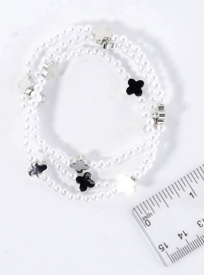 3PC-Set Metallic Beads Quatrefoil Stackable Stretch Bracelets: Rhodium