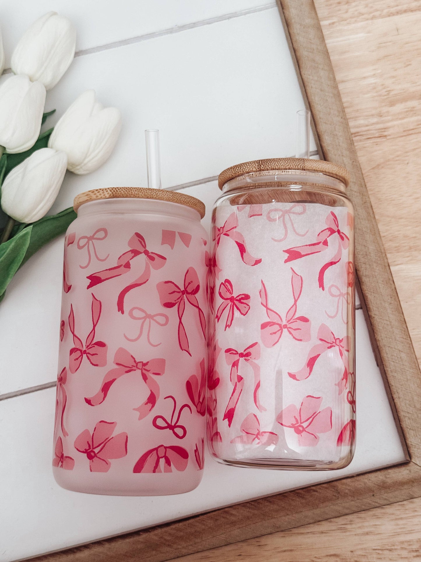 Pink Bows #2 16oz Glass Cup with Bamboo Lid: Frosted