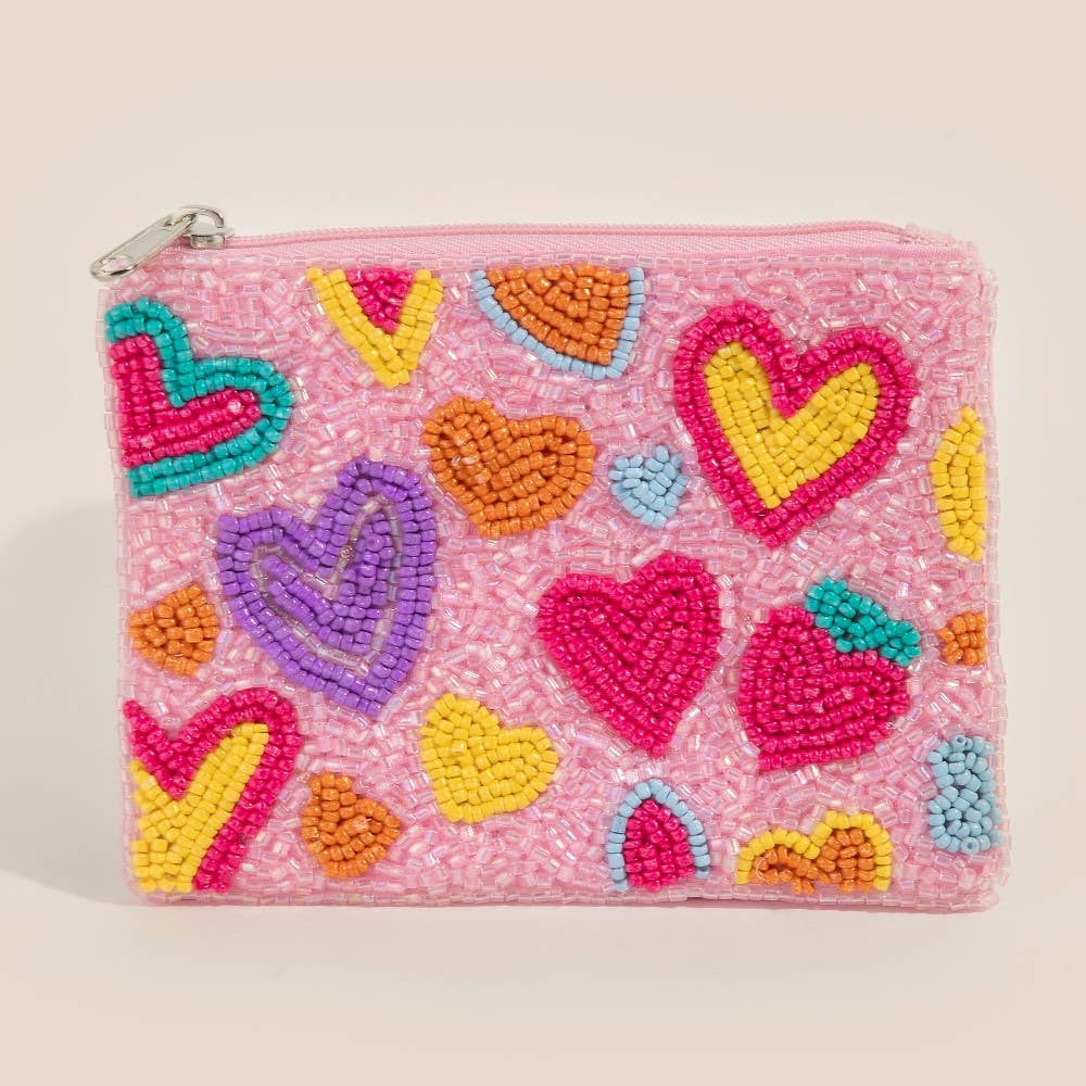 Groovy Vibrant Hearts Seed Beaded Coin Purse: MULTI