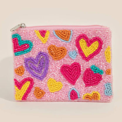 Groovy Vibrant Hearts Seed Beaded Coin Purse: MULTI