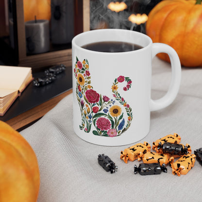 Floral Cat Ceramic Mug – Colorful Botanical Cat Coffee Cup (11oz & 15oz)
