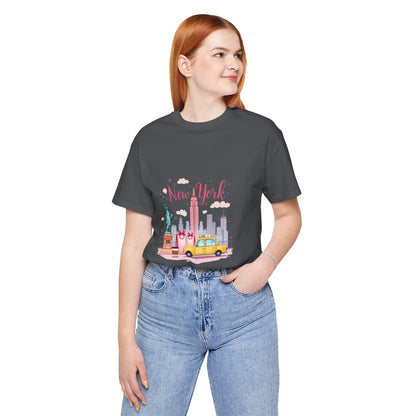 New York City Skyline T-Shirt – Cute Pink Taxi & Statue of Liberty Graphic Tee