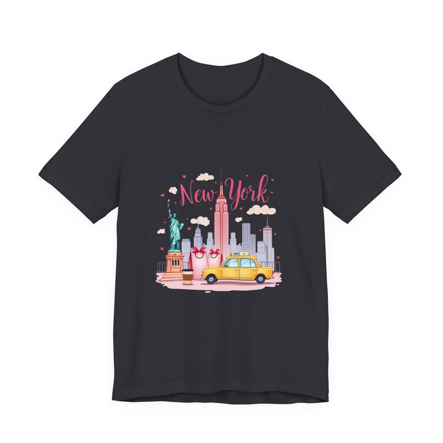 New York City Skyline T-Shirt – Cute Pink Taxi & Statue of Liberty Graphic Tee