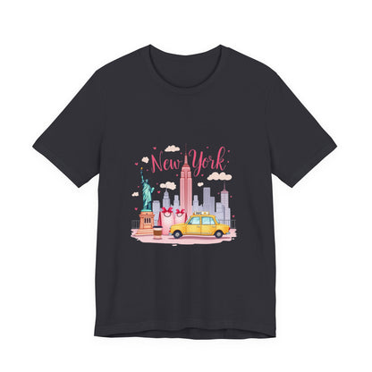 New York City Skyline T-Shirt – Cute Pink Taxi & Statue of Liberty Graphic Tee