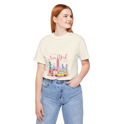 New York City Skyline T-Shirt – Cute Pink Taxi & Statue of Liberty Graphic Tee