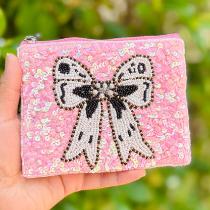 White Black Bow Beaded Pouch Purse