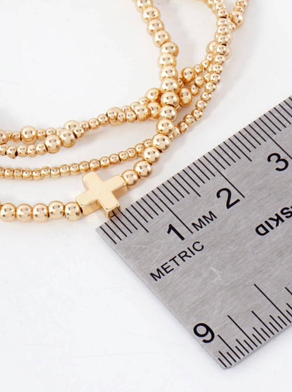 4PC-Set Cross Accents Metallic Beaded Stackable Stretch Bracelet: Gold