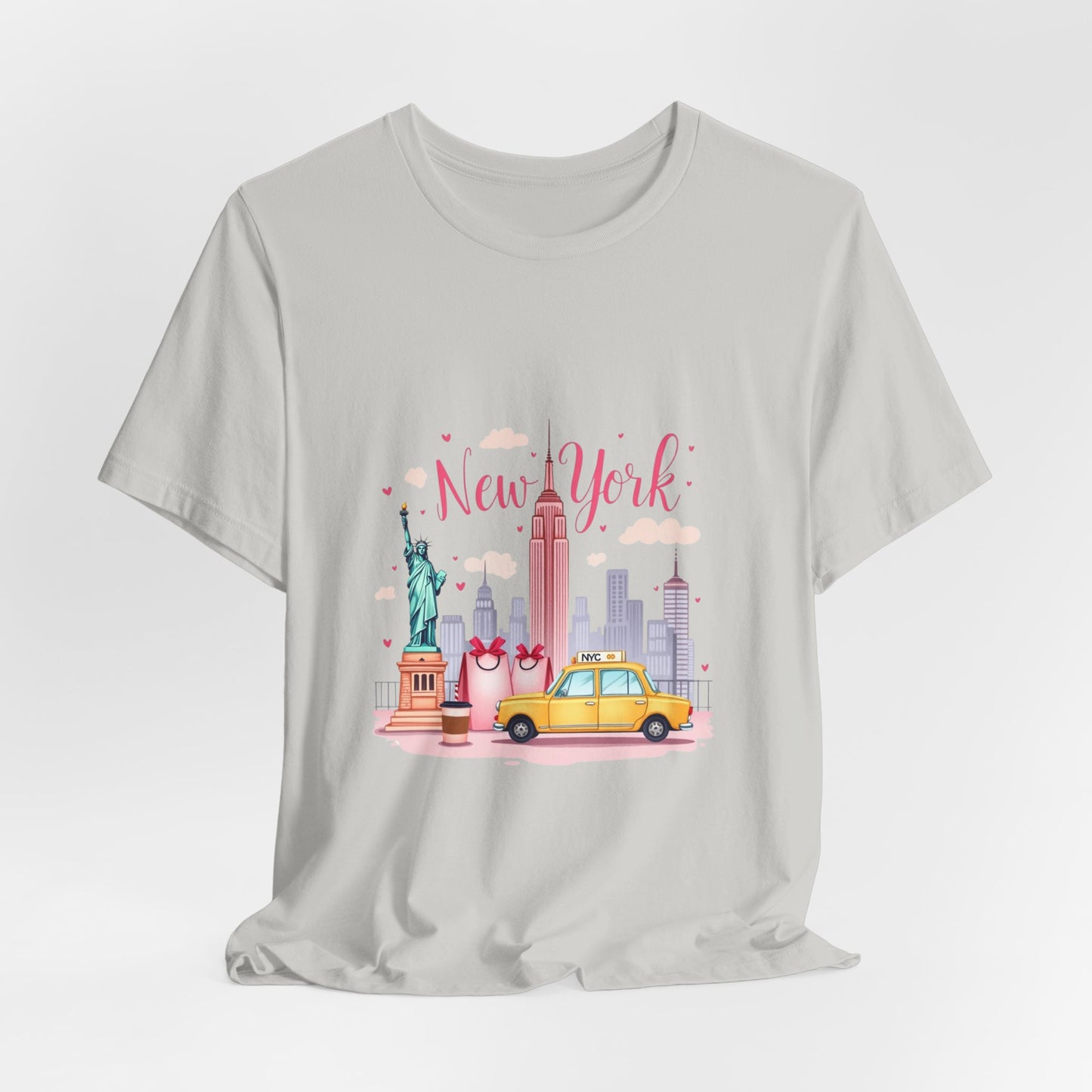 New York City Skyline T-Shirt – Cute Pink Taxi & Statue of Liberty Graphic Tee