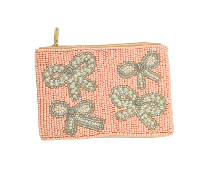 Ladies Bowties Fully Beaded Coin Purse: Pink