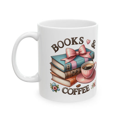 Book Lover Coffee Mug – Retro Stack of Books & Cup Design (11oz, 15oz)