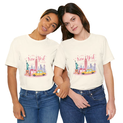 New York City Skyline T-Shirt – Cute Pink Taxi & Statue of Liberty Graphic Tee