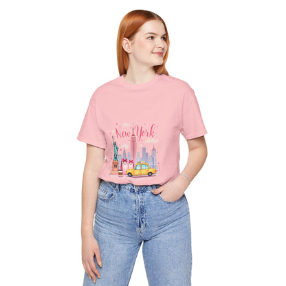 New York City Skyline T-Shirt – Cute Pink Taxi & Statue of Liberty Graphic Tee