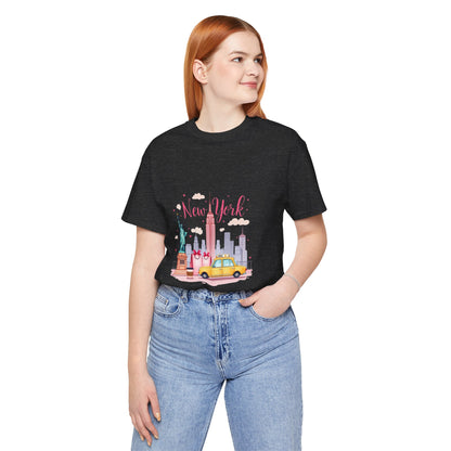New York City Skyline T-Shirt – Cute Pink Taxi & Statue of Liberty Graphic Tee