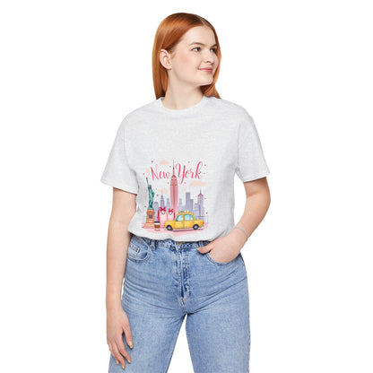New York City Skyline T-Shirt – Cute Pink Taxi & Statue of Liberty Graphic Tee