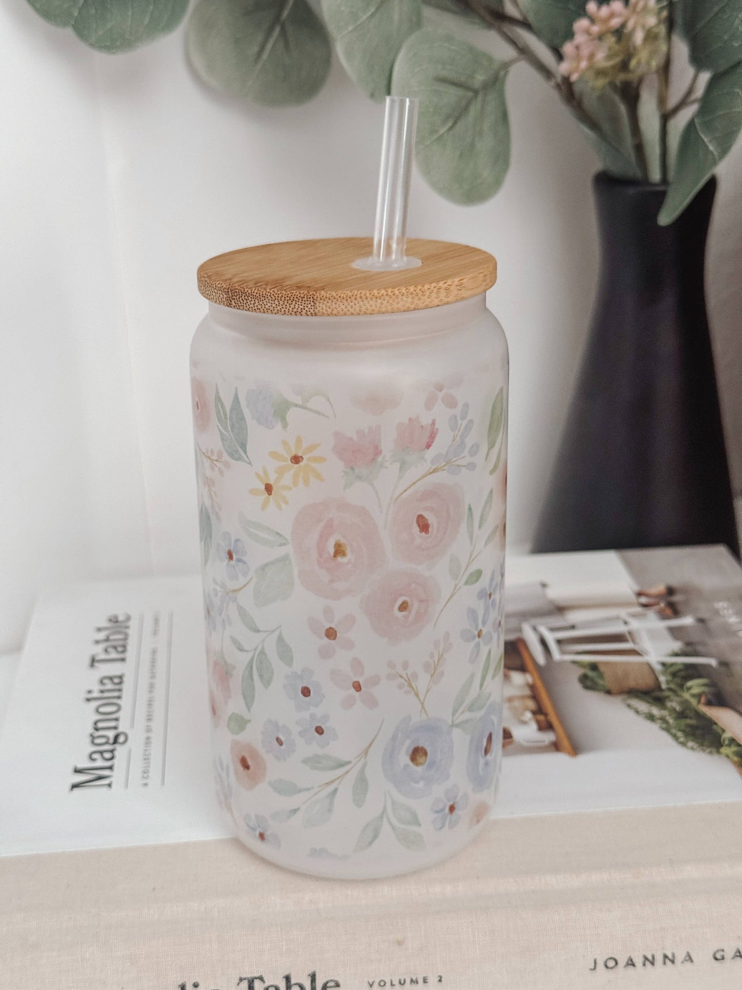 Spring Blooms 16oz Glass Cup with Bamboo Lid: Clear