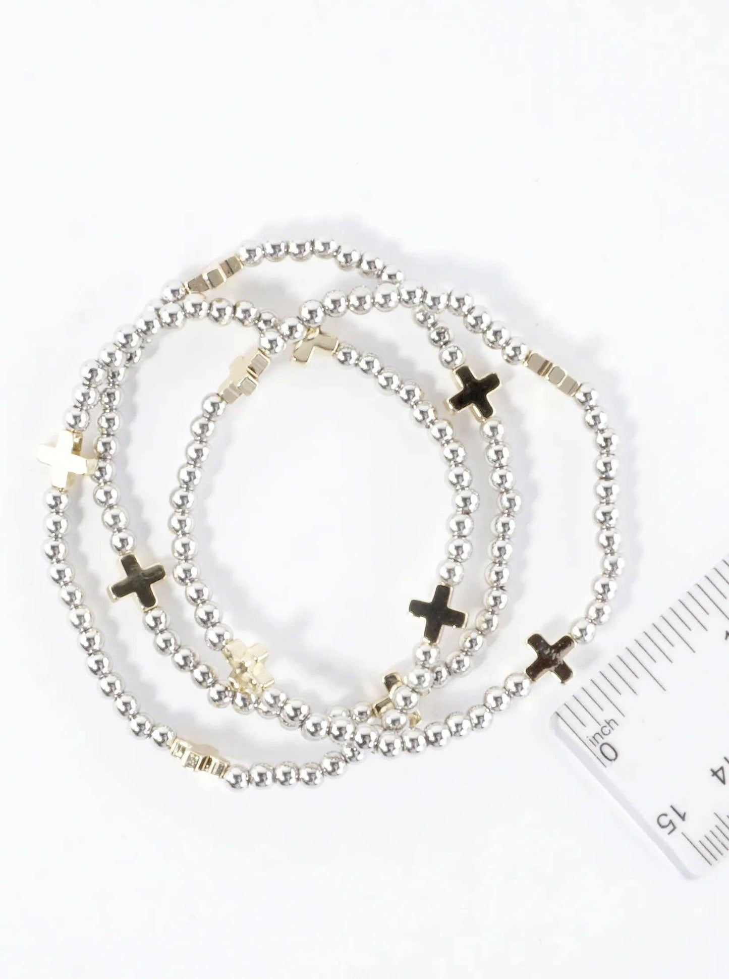 3PC-Set Metallic Beads Cross Stackable Stretch Bracelets: Gold Rhodium