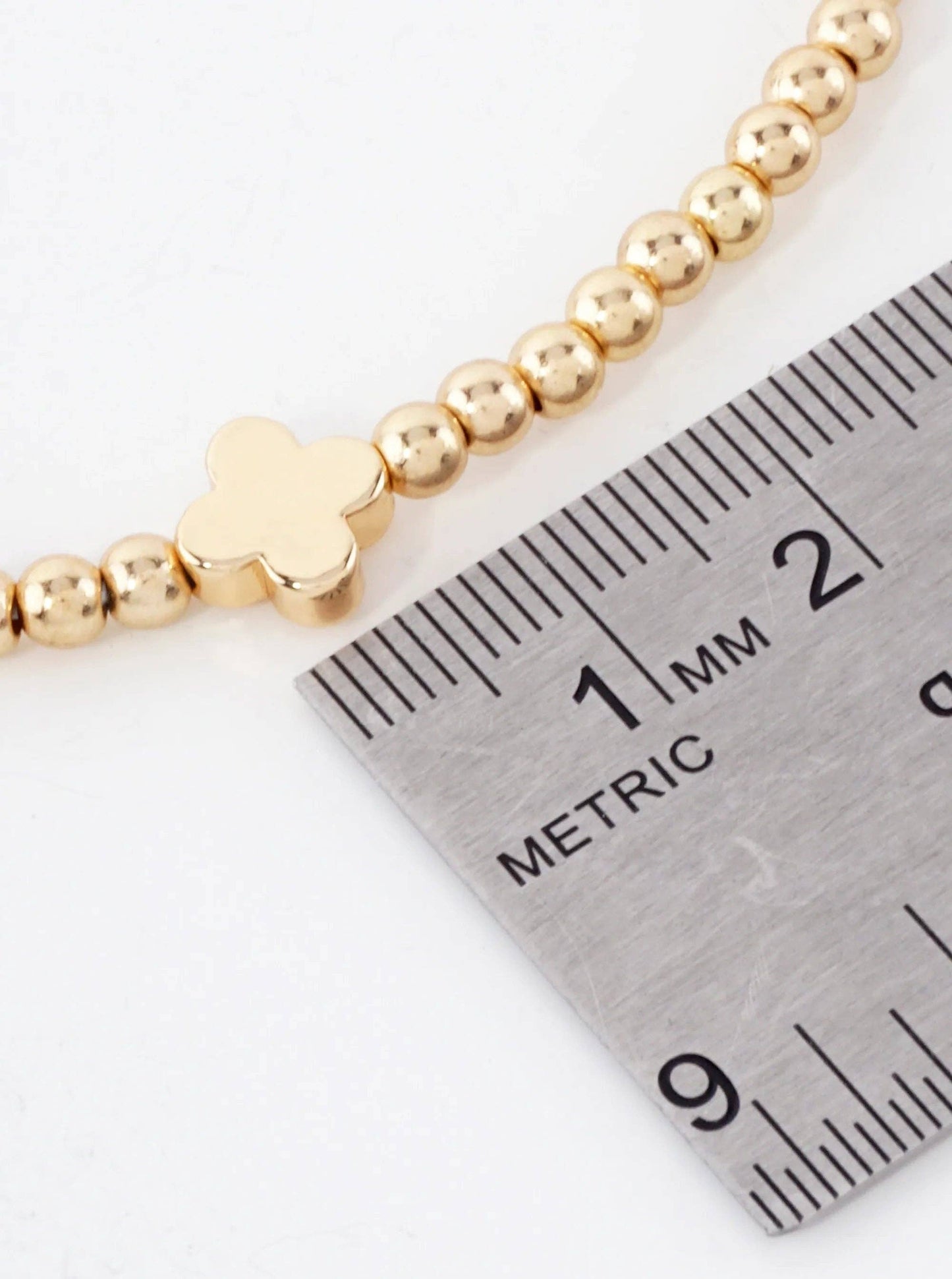 3PC-Set Metallic Beads Quatrefoil Stackable Stretch Bracelets: Rhodium