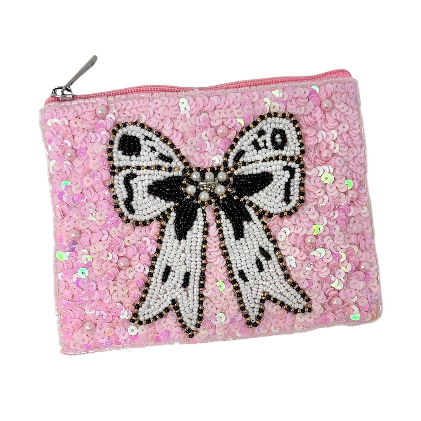White Black Bow Beaded Pouch Purse