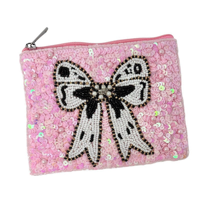 White Black Bow Beaded Pouch Purse