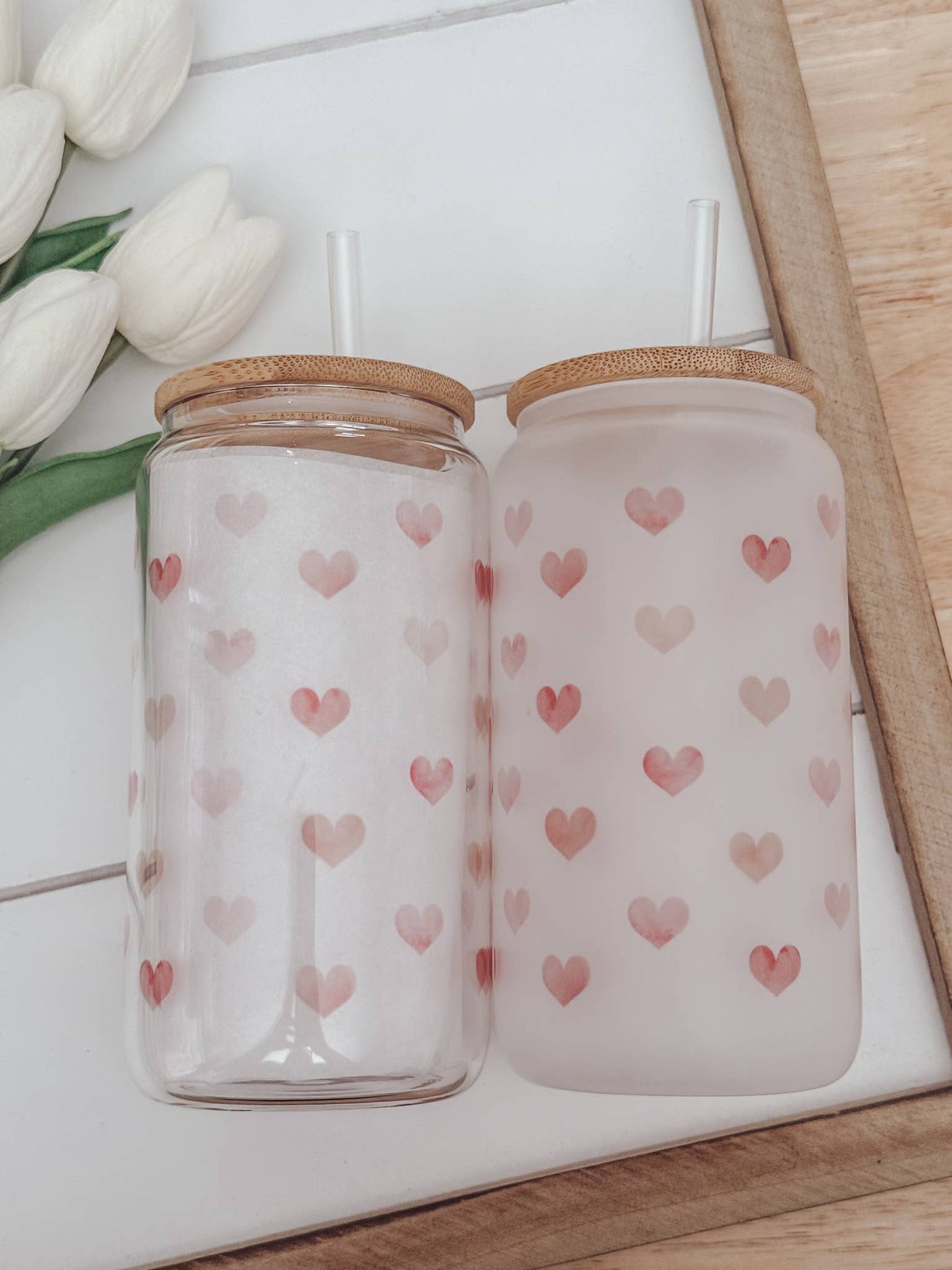 Pink Watercolor Hearts 16oz Glass Cup with Bamboo Lid: Clear