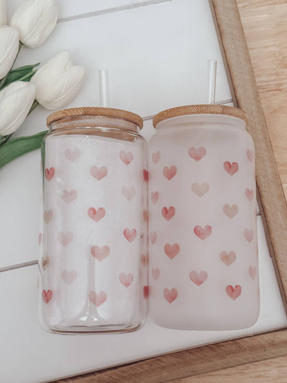Pink Watercolor Hearts 16oz Glass Cup with Bamboo Lid: Clear