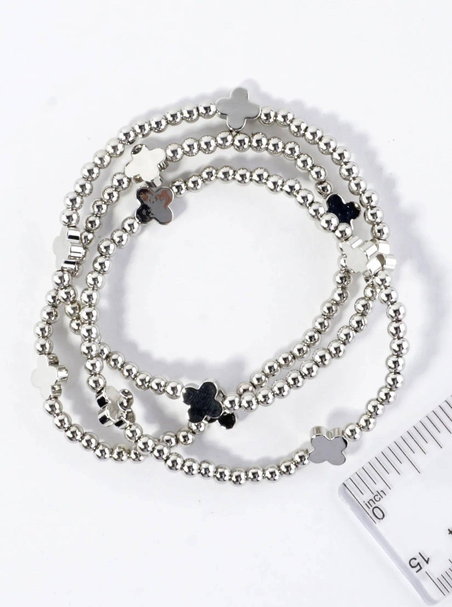 3PC-Set Metallic Beads Quatrefoil Stackable Stretch Bracelets: Rhodium