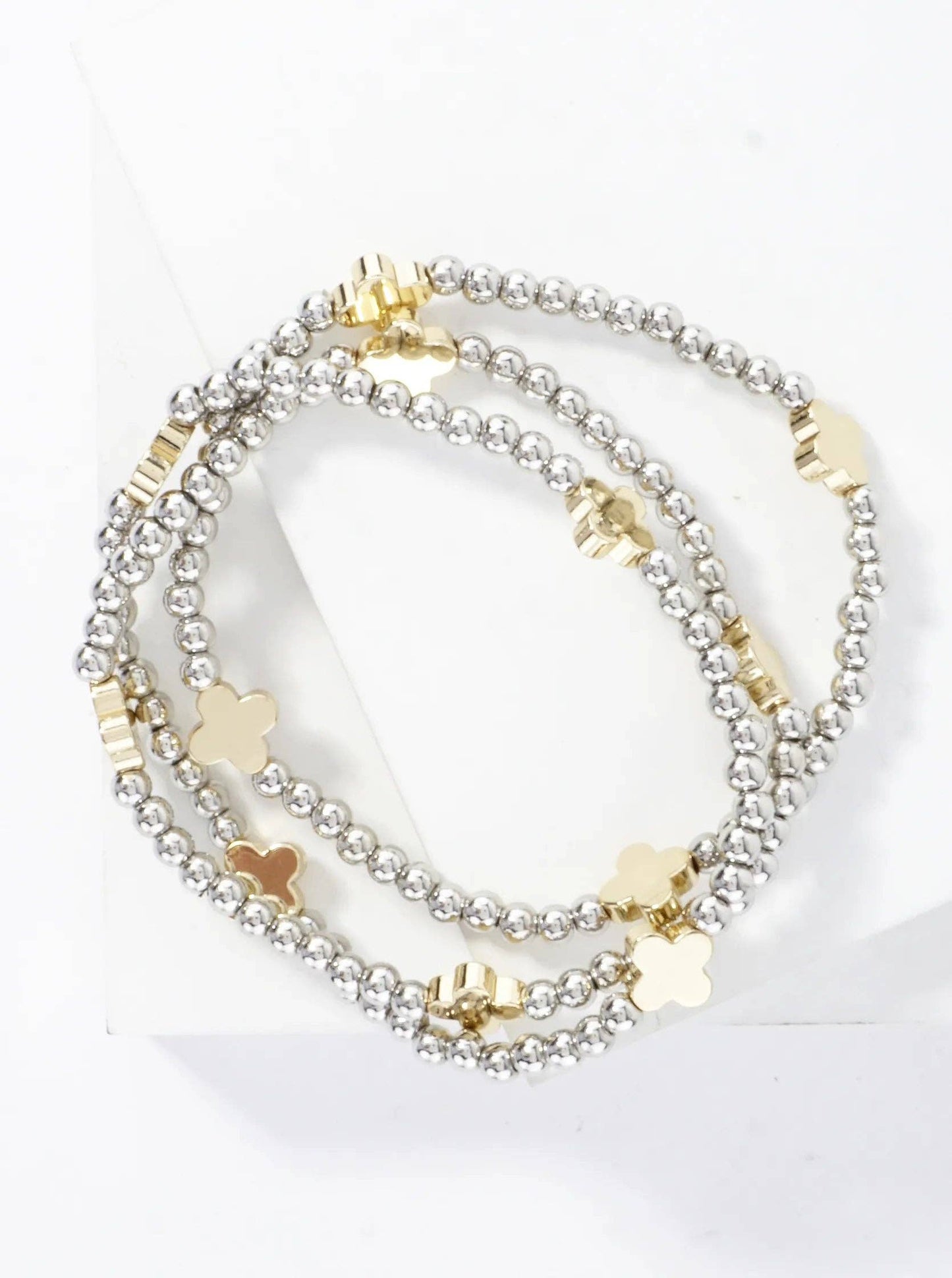 3PC-Set Metallic Beads Quatrefoil Stackable Stretch Bracelets: Rhodium