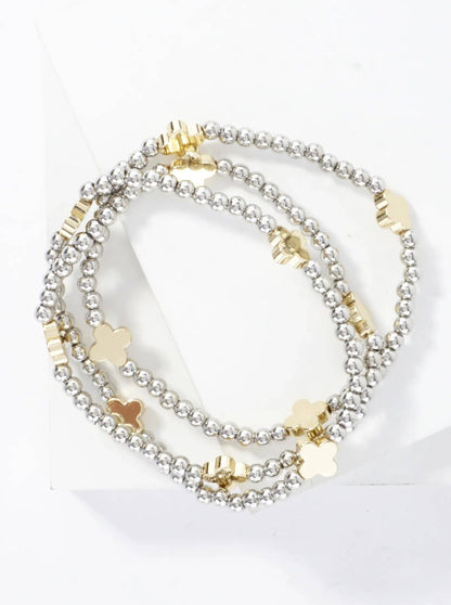 3PC-Set Metallic Beads Quatrefoil Stackable Stretch Bracelets: Rhodium