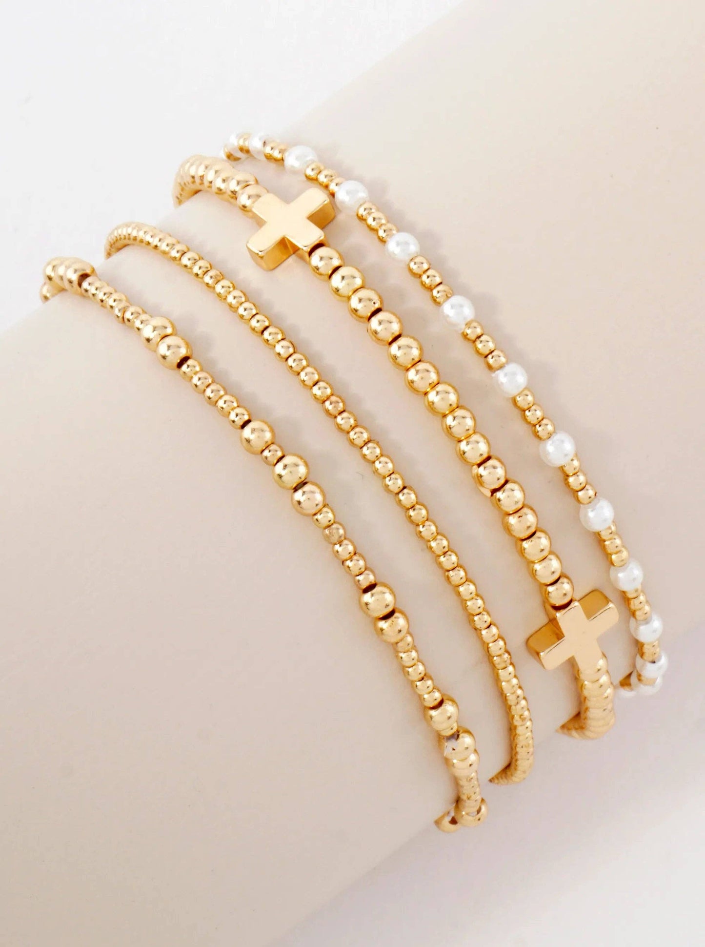 4PC-Set Cross Accents Metallic Beaded Stackable Stretch Bracelet: Gold
