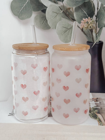 Pink Watercolor Hearts 16oz Glass Cup with Bamboo Lid: Clear