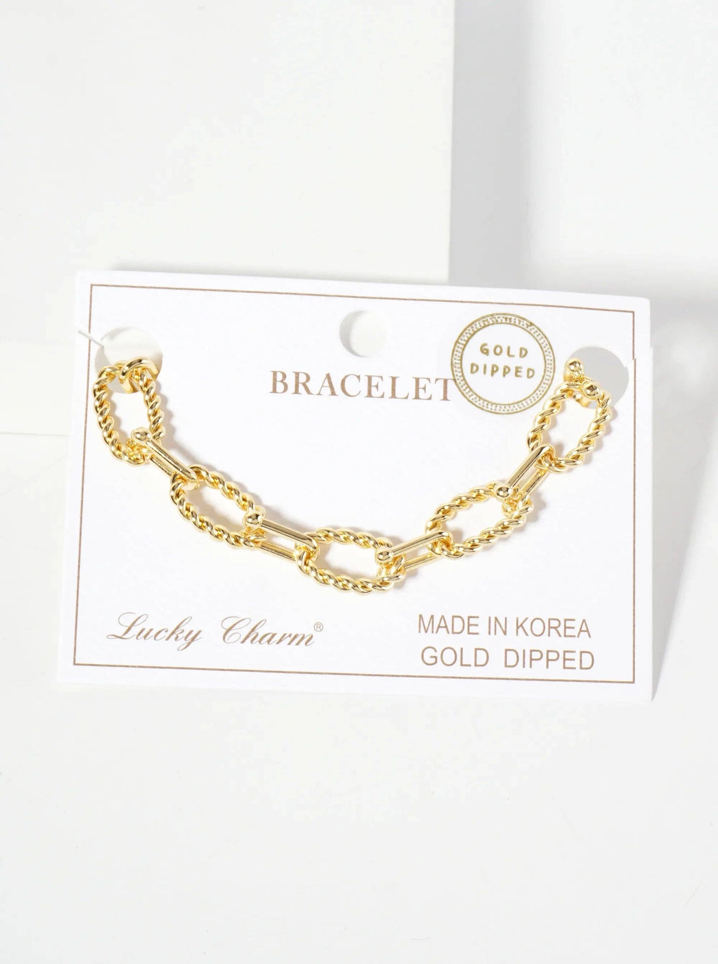 18K-Gold-Dipped Rope-Texture Polished Brass 16-11mm Chain Bracelet: Rhodium